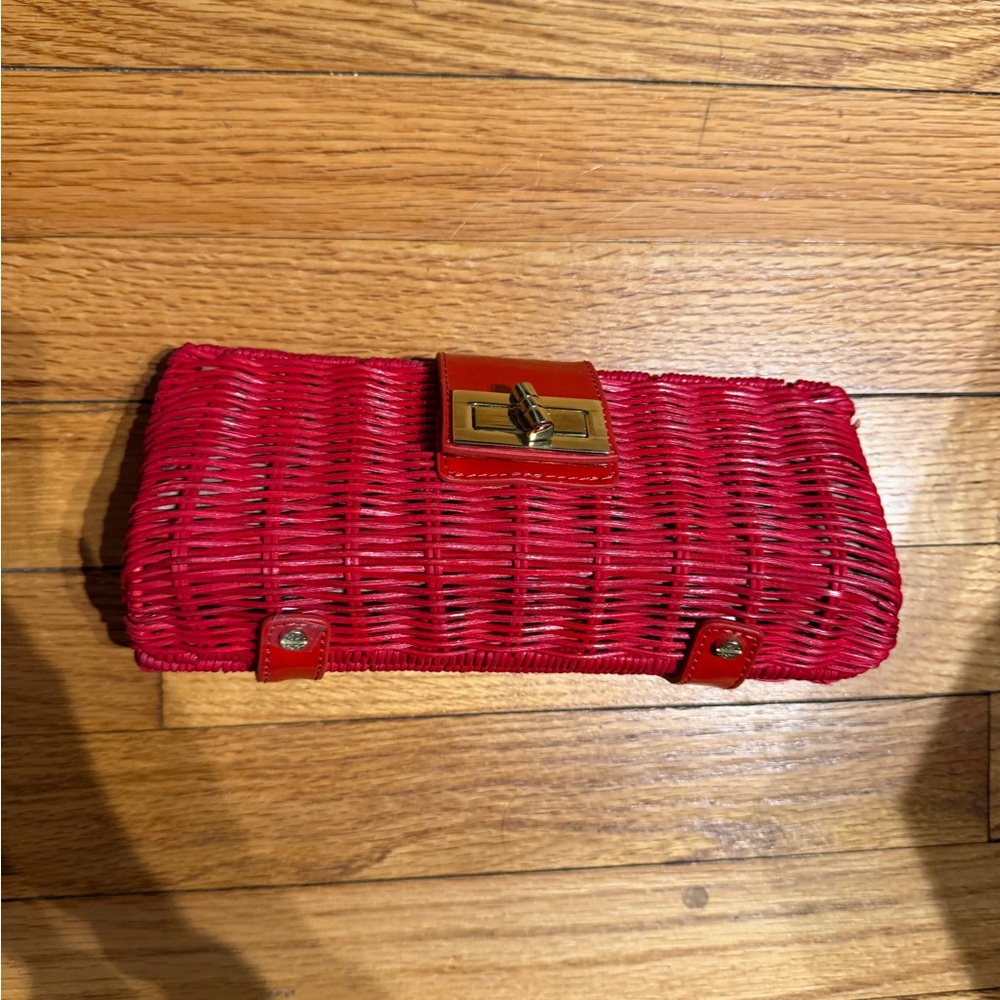 J. Crew Leather Straw rattan purse rectangular turn-lock Woven Clutch vibrant